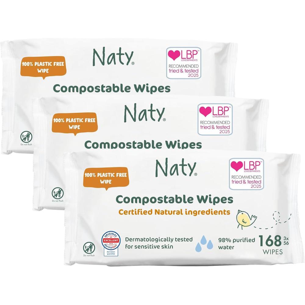 image:imageNaty Baby Wipes  98 Water Hypoallergenic amp Natural for Sensitive Skin  Unscented PlantBased FragranceFree  PlasticFree amp Compostable  Newborn amp Toddler Diaper Wipes  168 Count 3 Packs56 Count Pack of 3
