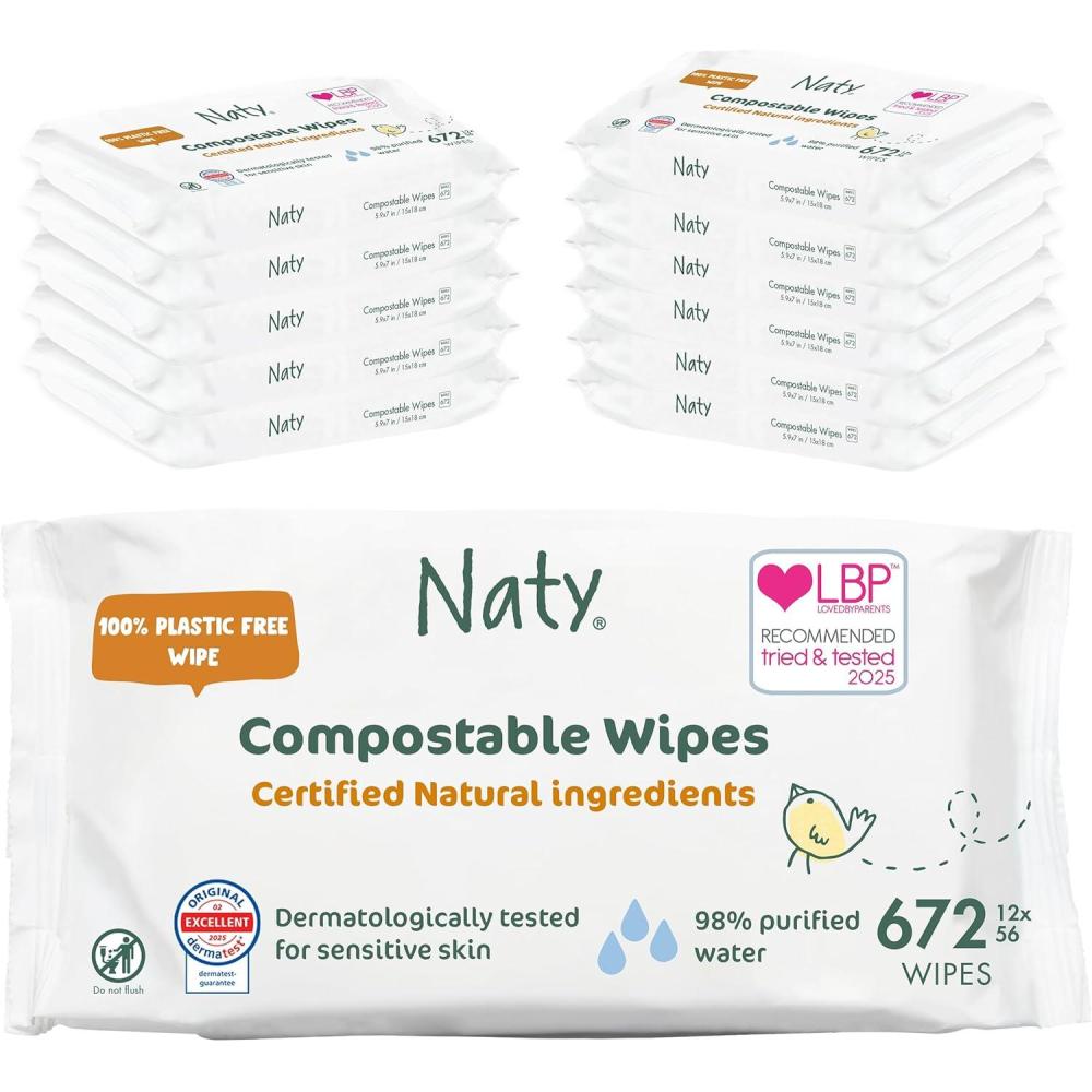 image:imageNaty Baby Wipes  98 Water Hypoallergenic amp Natural for Sensitive Skin  Unscented PlantBased FragranceFree  PlasticFree amp Compostable  Newborn amp Toddler Diaper Wipes  168 Count 3 Packs56 Count Pack of 12