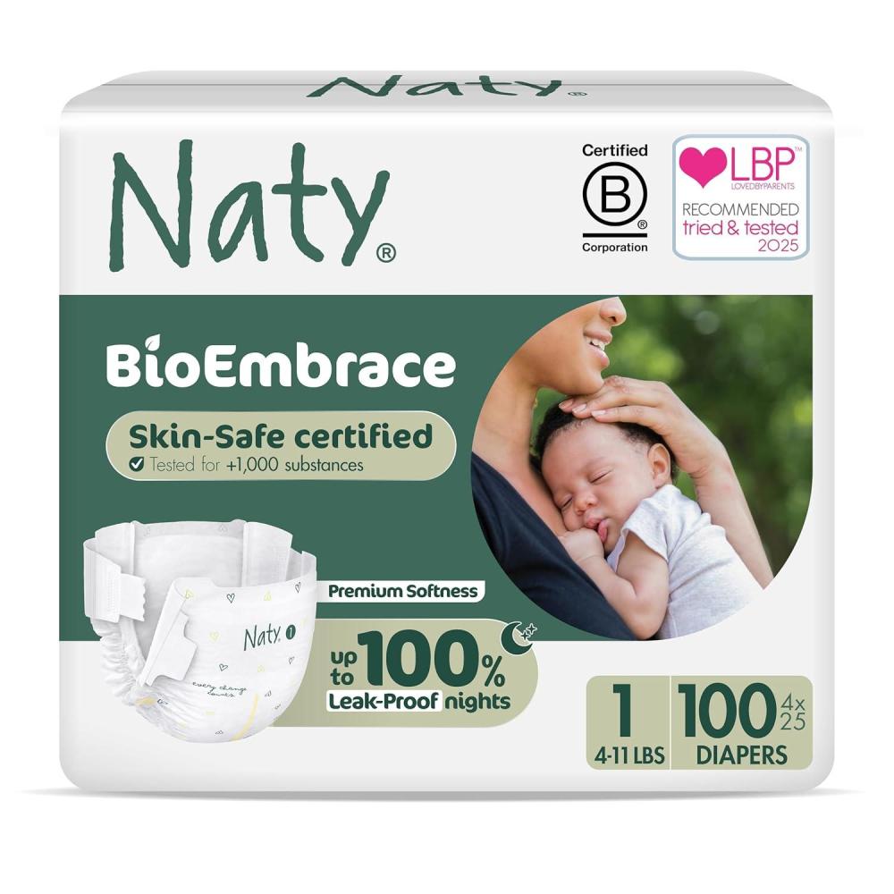 image:imageNaty BioEmbrace Baby Diapers  Sensitive Skin Safe Certified  Leak Protection up to 100  PlantBased Softness Premium Comfort  ChlorineFree  Size 3 920 lbs 180 CountSize 1 100 Count