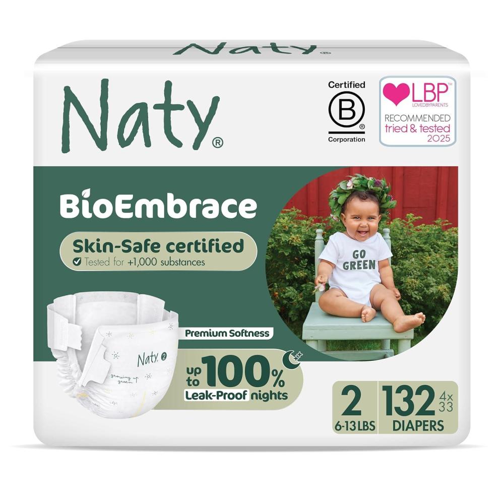image:imageNaty BioEmbrace Baby Diapers  Sensitive Skin Safe Certified  Leak Protection up to 100  PlantBased Softness Premium Comfort  ChlorineFree  Size 3 920 lbs 180 CountSize 2 132 Count