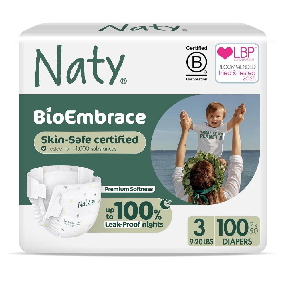 image:imageNaty BioEmbrace Baby Diapers  Sensitive Skin Safe Certified  Leak Protection up to 100  PlantBased Softness Premium Comfort  ChlorineFree  Size 3 920 lbs 180 CountSize 3 100 Count