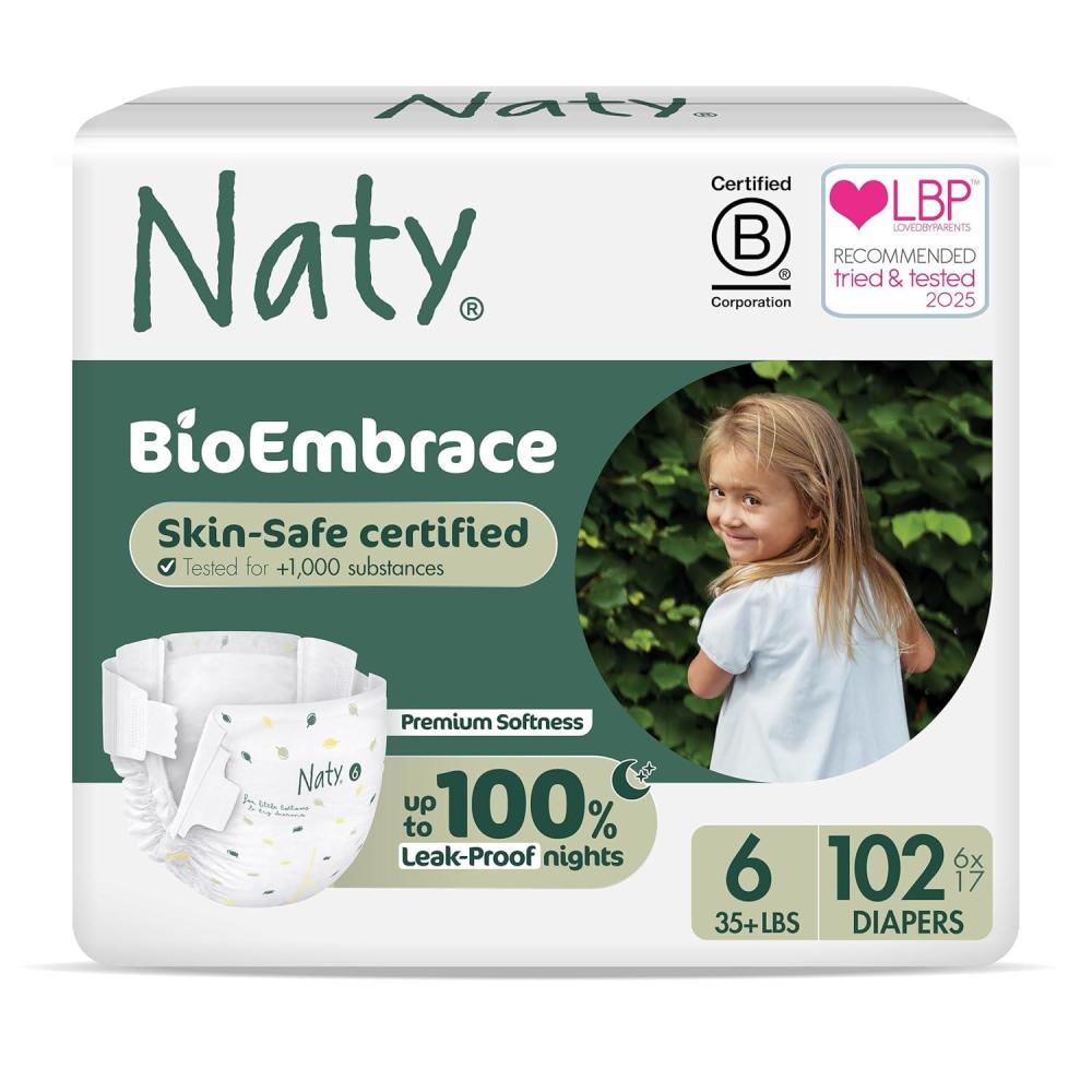image:imageNaty BioEmbrace Baby Diapers  Sensitive Skin Safe Certified  Leak Protection up to 100  PlantBased Softness Premium Comfort  ChlorineFree  Size 3 920 lbs 180 CountSize 6 102 Count