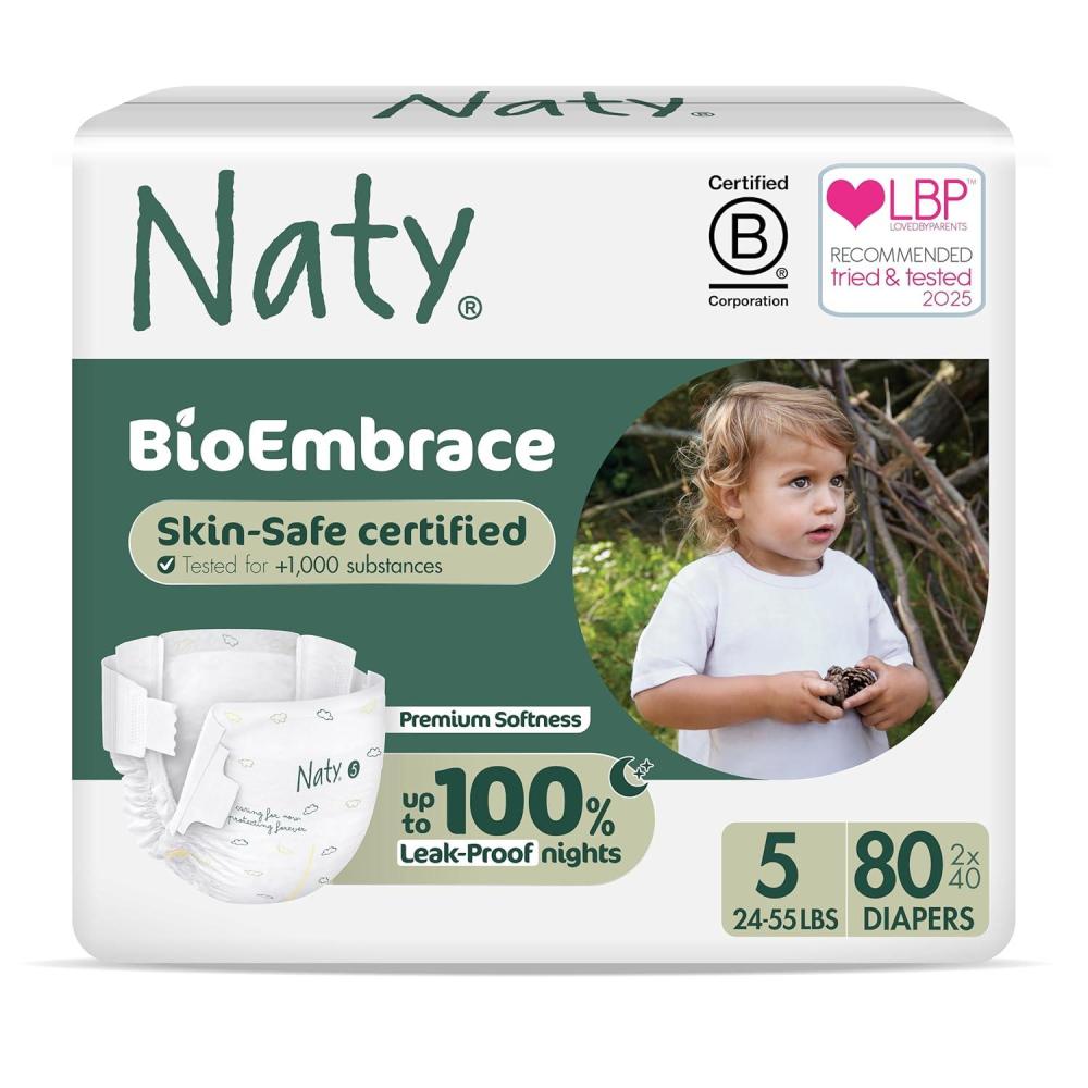 image:imageNaty BioEmbrace Baby Diapers  Sensitive Skin Safe Certified  Leak Protection up to 100  PlantBased Softness Premium Comfort  ChlorineFree  Size 3 920 lbs 180 CountSize 5 80 Count