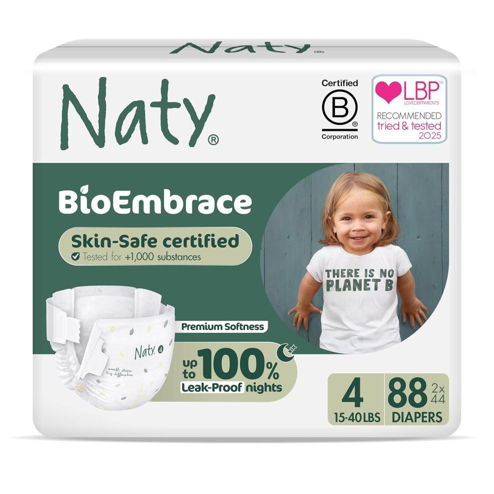 image:imageNaty BioEmbrace Baby Diapers  Sensitive Skin Safe Certified  Leak Protection up to 100  PlantBased Softness Premium Comfort  ChlorineFree  Size 3 920 lbs 180 CountSize 4 88 Count