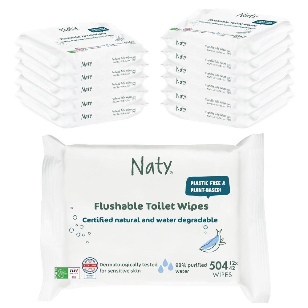 image:imageNaty Flushable Baby Wipes  98 Water Hypoallergenic amp Natural for Sensitive Skin  Unscented FragranceFree PlantBased  PlasticFree WaterDegradable  Newborn amp Toddler  672 Count 12 PacksUnscented