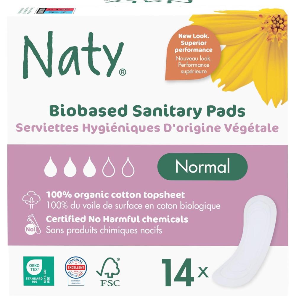 image:imageNaty Sanitary Pads Night with Wings  100 Certified Organic Cotton top Sheet  Certified SkinSafe  Without Perfume 0 Conventional Plastic Absorbent Protection Night 10 PadsBio Normal 14 Count