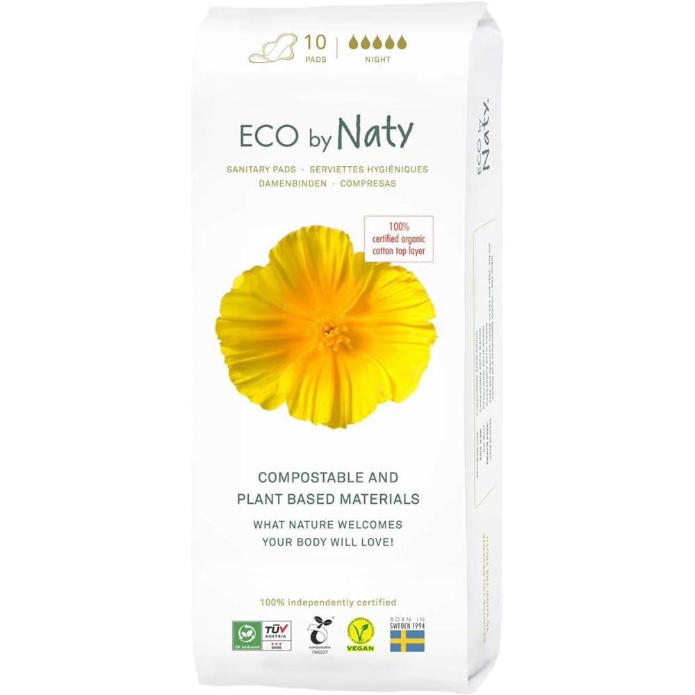 image:imageNaty Sanitary Pads Night with Wings  100 Certified Organic Cotton top Sheet  Certified SkinSafe  Without Perfume 0 Conventional Plastic Absorbent Protection Night 10 PadsNight  10 Count