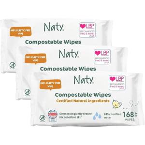 Naty Baby Wipes | 98% Water, Hypoallergenic & Natural for Sensitive Skin | Unscented, Plant-Based, Fragrance-Free | Plastic-Free & Compostable | Newborn & Toddler Diaper Wipes | 168 Count (3 Packs)(56 Count (Pack of 3))
