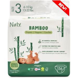 Naty Bamboo Viscose Baby Diapers – Silky Soft, Plant Based, Dermatologically Tested for Sensitive Skin & Super Absorbent (Size 5, 132 Count)(Size 3)