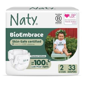 Naty BioEmbrace Baby Diapers | Sensitive Skin Safe Certified | Leak Protection up to 100% | Plant-Based Softness, Premium Comfort | Chlorine-Free | Size 3 (9–20 lbs), 180 Count(Size 2 (33 Count))