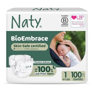 Naty BioEmbrace Baby Diapers | Sensitive Skin Safe Certified | Leak Protection up to 100% | Plant-Based Softness, Premium Comfort | Chlorine-Free | Size 3 (9–20 lbs), 180 Count(Size 1 (100 Count))