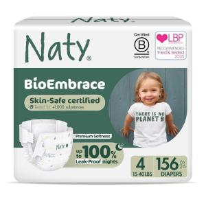 Naty BioEmbrace Baby Diapers | Sensitive Skin Safe Certified | Leak Protection up to 100% | Plant-Based Softness, Premium Comfort | Chlorine-Free | Size 3 (9–20 lbs), 180 Count(Size 4 (156 Count))
