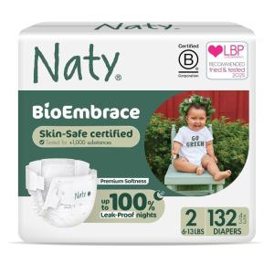 Naty BioEmbrace Baby Diapers | Sensitive Skin Safe Certified | Leak Protection up to 100% | Plant-Based Softness, Premium Comfort | Chlorine-Free | Size 3 (9–20 lbs), 180 Count(Size 2 (132 Count))