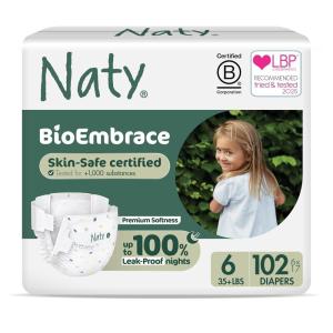 Naty BioEmbrace Baby Diapers | Sensitive Skin Safe Certified | Leak Protection up to 100% | Plant-Based Softness, Premium Comfort | Chlorine-Free | Size 3 (9–20 lbs), 180 Count(Size 6 (102 Count))
