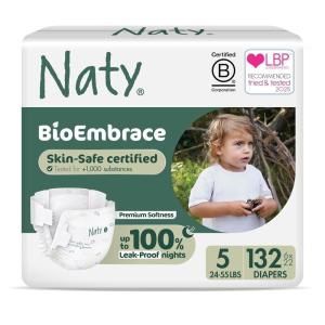 Naty BioEmbrace Baby Diapers | Sensitive Skin Safe Certified | Leak Protection up to 100% | Plant-Based Softness, Premium Comfort | Chlorine-Free | Size 3 (9–20 lbs), 180 Count(Size 5 (132 Count))