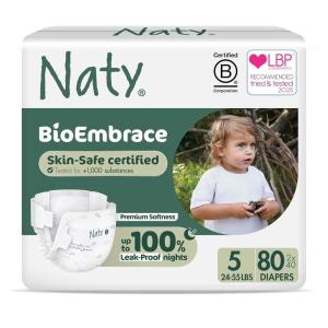 Naty BioEmbrace Baby Diapers | Sensitive Skin Safe Certified | Leak Protection up to 100% | Plant-Based Softness, Premium Comfort | Chlorine-Free | Size 3 (9–20 lbs), 180 Count(Size 5 (80 Count))