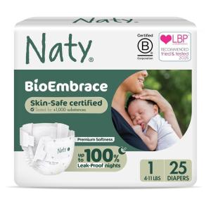Naty BioEmbrace Baby Diapers | Sensitive Skin Safe Certified | Leak Protection up to 100% | Plant-Based Softness, Premium Comfort | Chlorine-Free | Size 3 (9–20 lbs), 180 Count(Size 1 (25 Count))