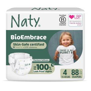 Naty BioEmbrace Baby Diapers | Sensitive Skin Safe Certified | Leak Protection up to 100% | Plant-Based Softness, Premium Comfort | Chlorine-Free | Size 3 (9–20 lbs), 180 Count(Size 4 (88 Count))