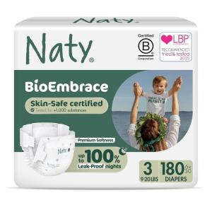 Naty BioEmbrace Baby Diapers | Sensitive Skin Safe Certified | Leak Protection up to 100% | Plant-Based Softness, Premium Comfort | Chlorine-Free | Size 3 (9–20 lbs), 180 Count(Size 3 (180 Count))
