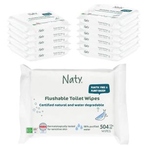 Naty Flushable Baby Wipes | 98% Water, Hypoallergenic & Natural for Sensitive Skin | Unscented, Fragrance-Free, Plant-Based | Plastic-Free, Water-Degradable | Newborn & Toddler | 672 Count (12 Packs)(Unscented)