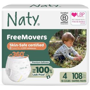 Naty FreeMovers Pull Up Training Pants for Sensitive Skin | Hypoallergenic Potty Training Underwear | Absorbent & Leak-Proof for Toddler | Soft, Unscented| Size 4, 2T–3T (18–33 lbs), 22 Count(Size 4 (108 Count))