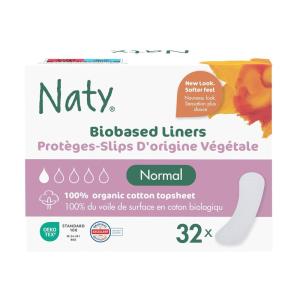 Naty Panty Liners Large | 100% Certified Organic Cotton Top Sheet | Skin-Safe | Unscented, 0% Conventional Plastic | Comfortable & Breathable | 28 Liners(Bio Normal (32 Count))
