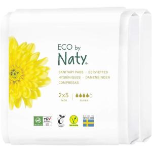 Naty Sanitary Pads Night with Wings | 100% Certified Organic Cotton top Sheet | Certified Skin-Safe | Without Perfume, 0% Conventional Plastic| Absorbent Protection Night| 10 Pads(Super  2 x 5 Count)
