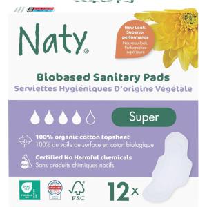 Naty Sanitary Pads Night with Wings | 100% Certified Organic Cotton top Sheet | Certified Skin-Safe | Without Perfume, 0% Conventional Plastic| Absorbent Protection Night| 10 Pads(Bio Super (12 Count))