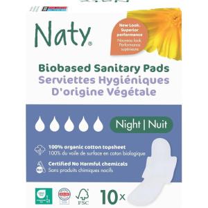 Naty Sanitary Pads Night with Wings | 100% Certified Organic Cotton top Sheet | Certified Skin-Safe | Without Perfume, 0% Conventional Plastic| Absorbent Protection Night| 10 Pads(Bio Night (10 Count))