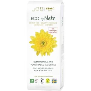 Naty Sanitary Pads Night with Wings | 100% Certified Organic Cotton top Sheet | Certified Skin-Safe | Without Perfume, 0% Conventional Plastic| Absorbent Protection Night| 10 Pads(Super  12 Count)