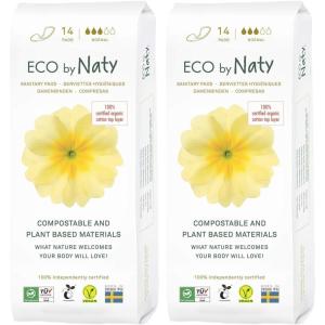 Naty Sanitary Pads Night with Wings | 100% Certified Organic Cotton top Sheet | Certified Skin-Safe | Without Perfume, 0% Conventional Plastic| Absorbent Protection Night| 10 Pads(Normal  14 Count (Pack of 2))