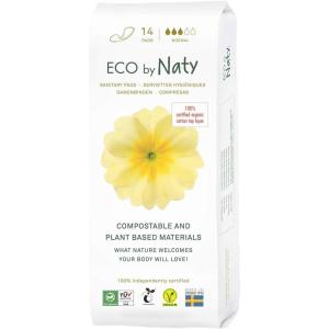 Naty Sanitary Pads Night with Wings | 100% Certified Organic Cotton top Sheet | Certified Skin-Safe | Without Perfume, 0% Conventional Plastic| Absorbent Protection Night| 10 Pads(Normal  14 Count)