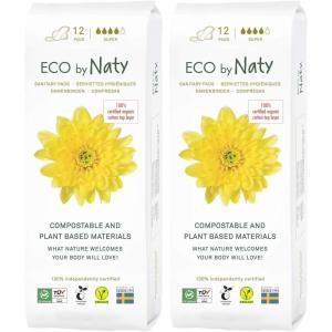 Naty Sanitary Pads Night with Wings | 100% Certified Organic Cotton top Sheet | Certified Skin-Safe | Without Perfume, 0% Conventional Plastic| Absorbent Protection Night| 10 Pads(Super  12 Count (Pack of 2))